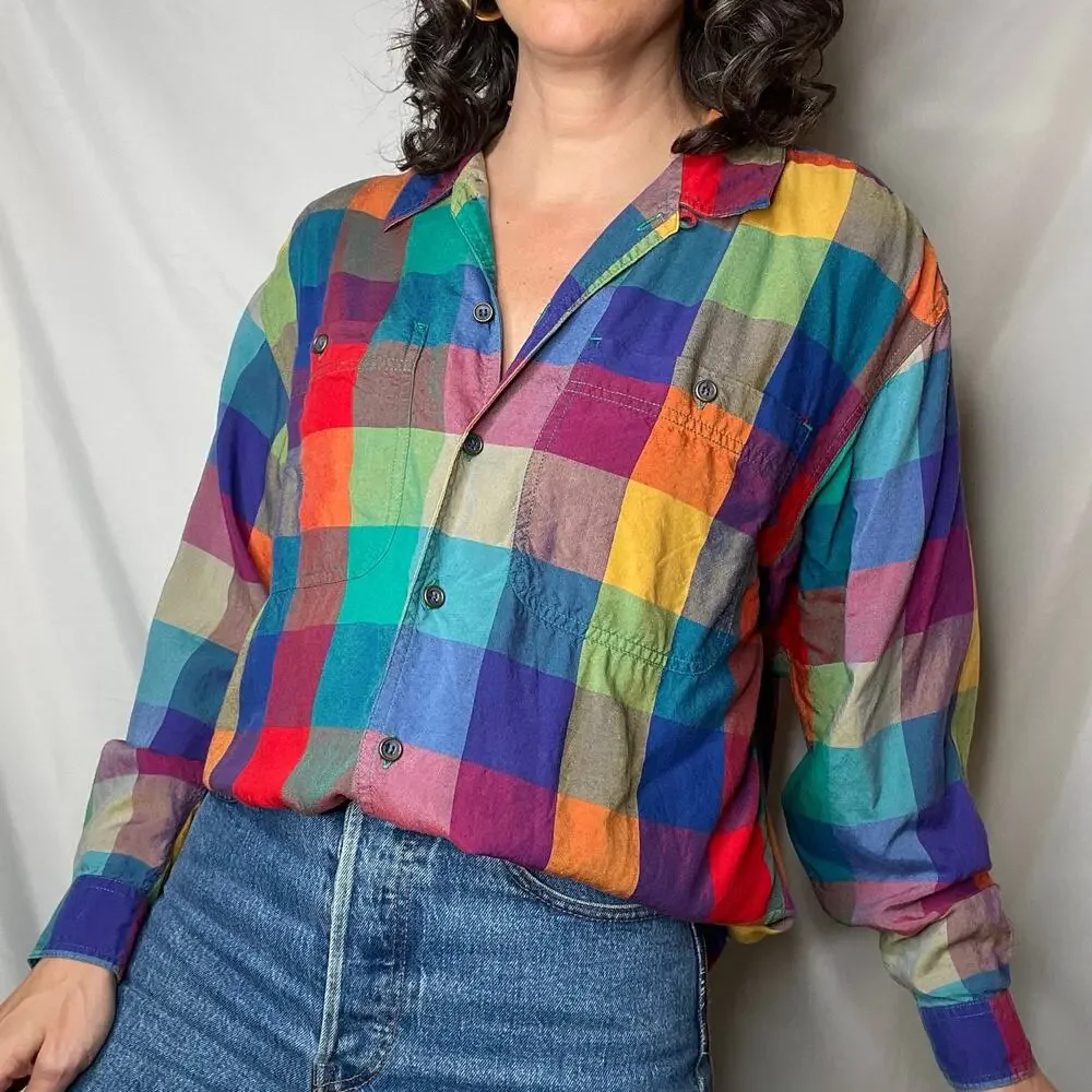 SOLD Vintage lizwear rainbow plaid checkered shirt long sleeve button-down M - Picture 17 of 17